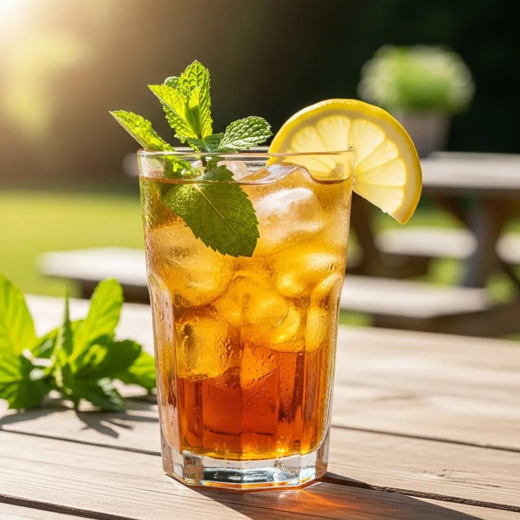 Refreshing glass of sweet tea with mint and lemon in a sunny outdoor setting
