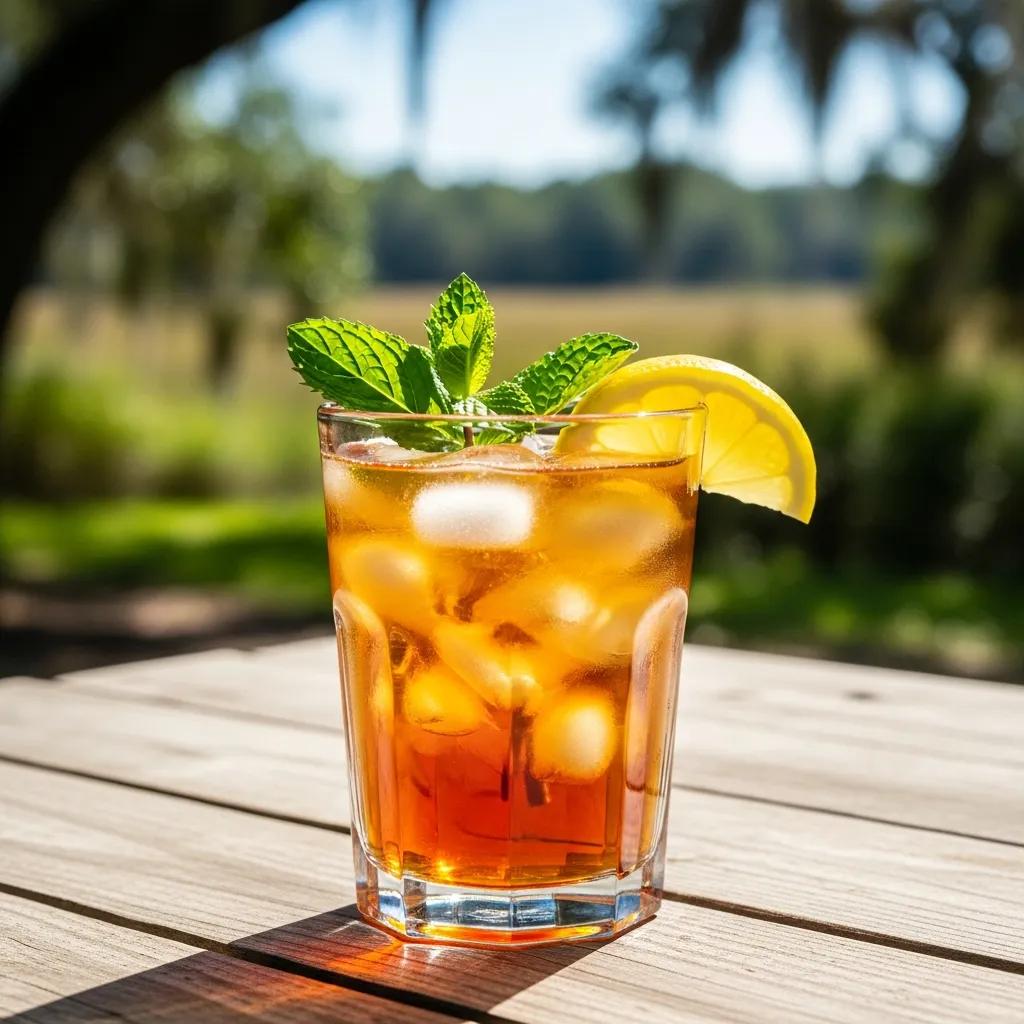 Refreshing glass of sweet tea with mint and lemon in a sunny outdoor setting
