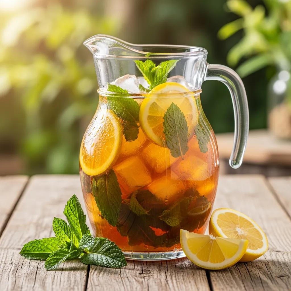 Refreshing glass pitcher of sweet tea with mint and lemon in a sunny outdoor setting