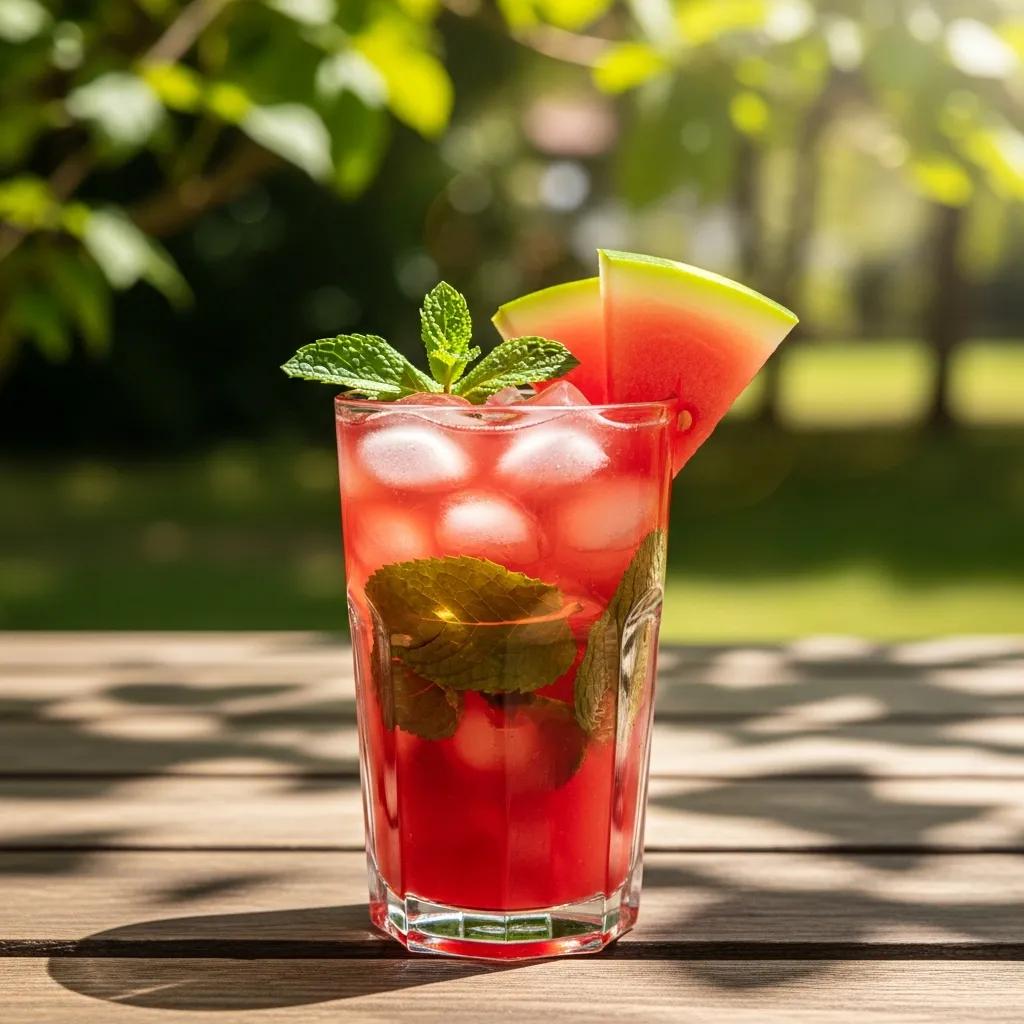 Refreshing watermelon iced tea in a glass with mint and watermelon slices on a sunny outdoor table