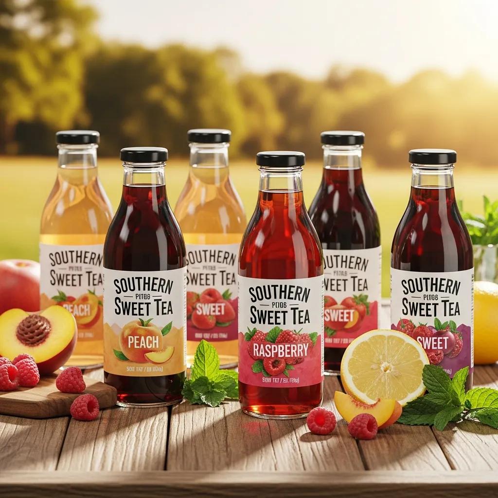 Selection of Southern sweet tea bottles showcasing various flavors in a warm, inviting setting