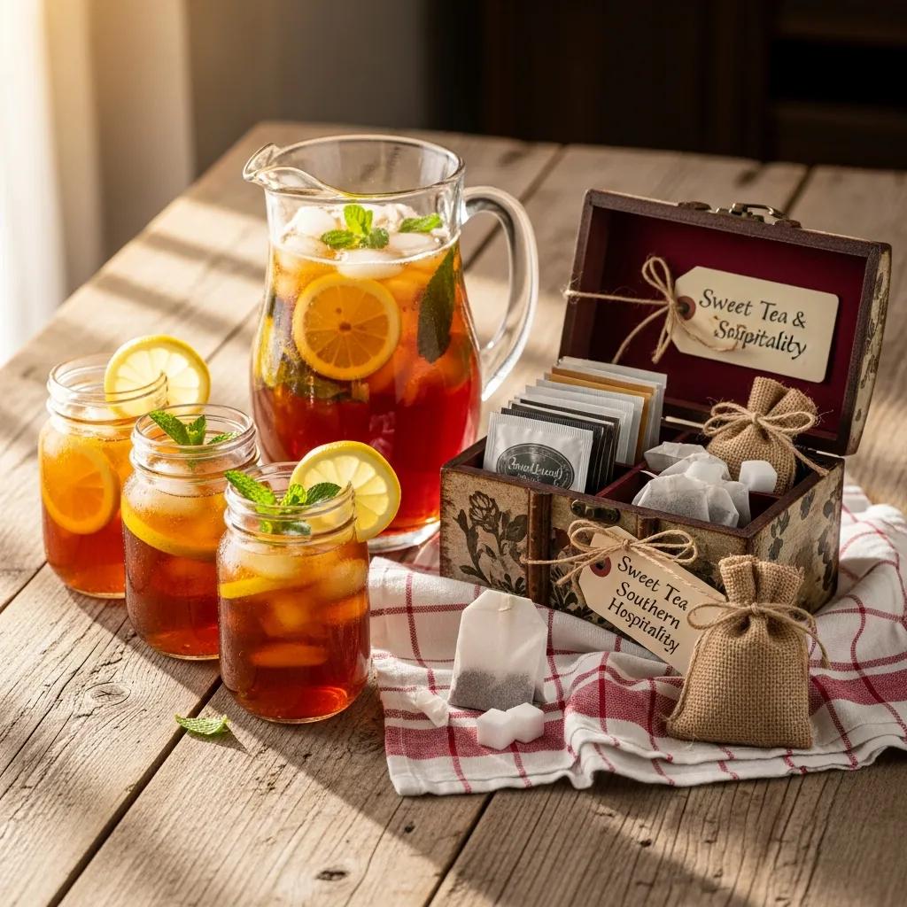 Southern sweet tea gift set with iced tea pitcher, mason jars, and decorative box