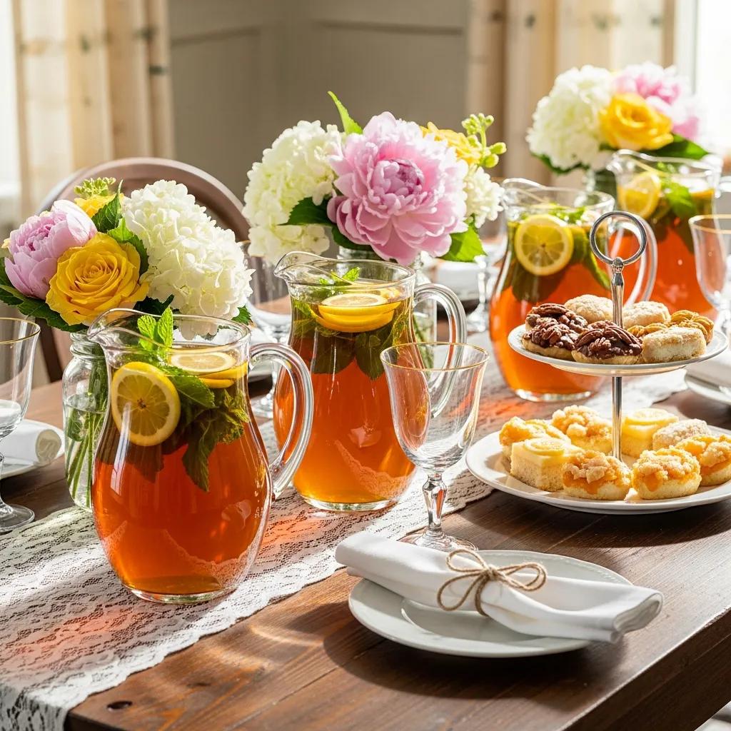 Southern sweet tea party setup with clear glass pitchers, lemon slices, and mint leaves