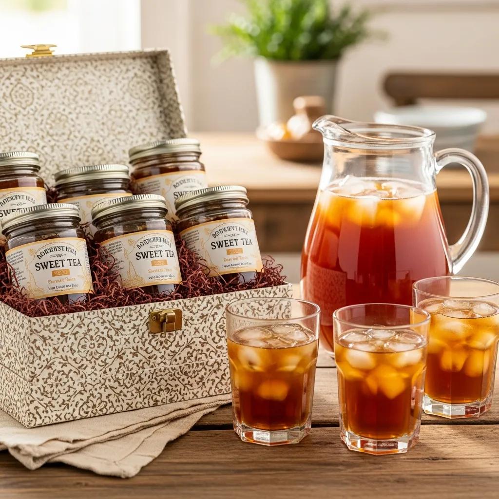 Sweet tea gift set with jars, pitcher, and glasses in a rustic Southern setting