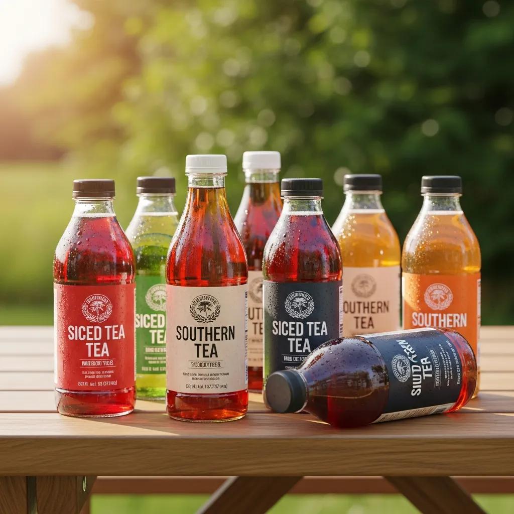 Variety of bottled iced teas on a picnic table, highlighting Southern sweet tea