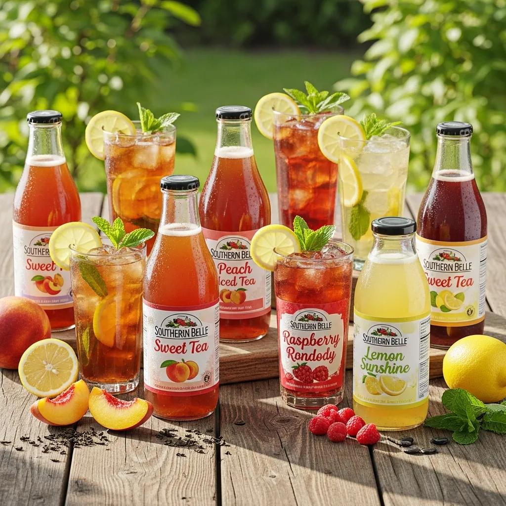 Variety of Southern-style sweet tea products displayed outdoors, highlighting classic and flavored options