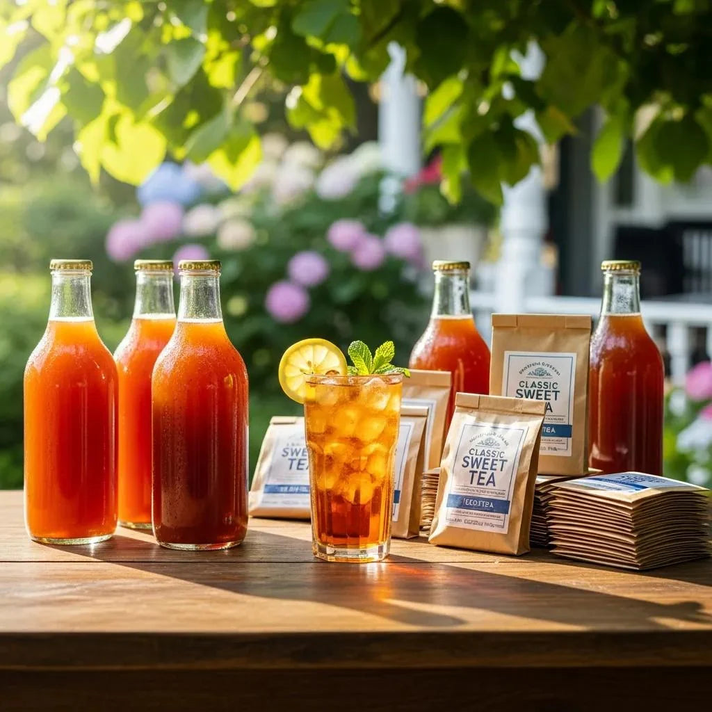 Variety of Southern sweet tea products displayed outdoors, emphasizing authenticity and quality