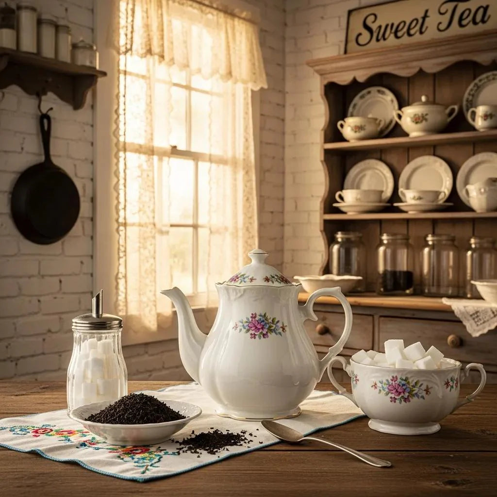 Vintage Southern kitchen with teapot and tea leaves representing sweet tea history