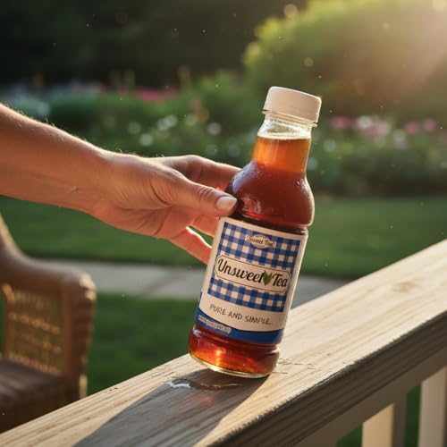 Southern Sweet Tea Co. Unsweetened Black Iced Tea bottle on a porch railing at sunset, highlighting keto-friendly refreshment.