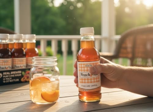 Southern Sweet Tea Co. Peach Iced Tea bottle held next to a mason jar with fresh peach slices on a sunny porch.
