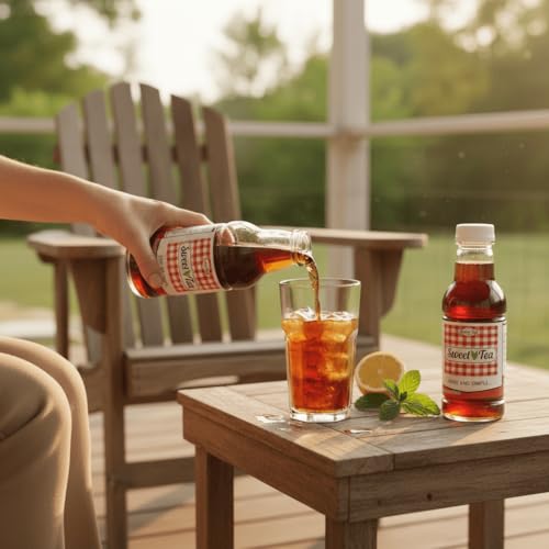 Southern Sweet Tea Co. Real Brewed Black Tea poured into a glass with ice and lemon on a sunlit wooden porch table.