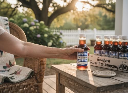 A hand reaches for an Unsweetened Black Iced Tea bottle from a 12-pack crate on a sunny outdoor porch table.