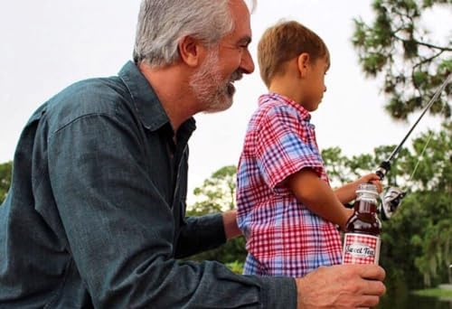 Man and child fishing outdoors while holding a bottle of Southern Sweet Tea Co. Real Brewed Black Tea.