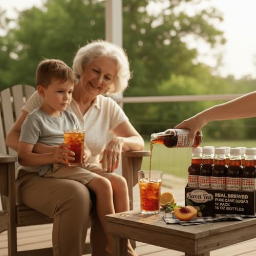 Southern Sweet Tea Co. Real Brewed Black Tea 12-pack being poured into a glass on a porch with a grandmother and child.