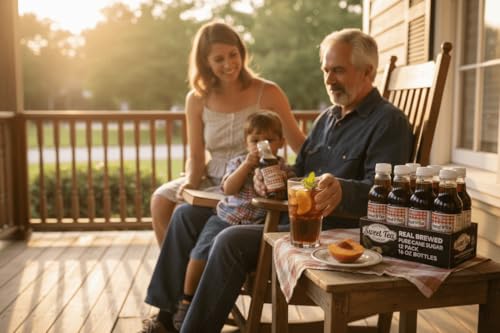 Family on a porch with Southern Sweet Tea Co. 12-Pack Real Brewed Black Tea, enjoying iced tea at sunset.