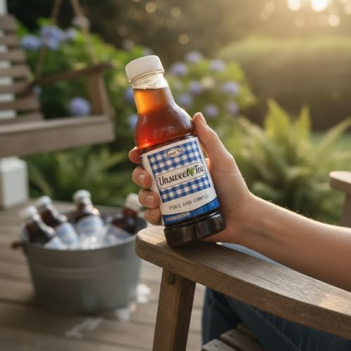 Hand holding Southern Sweet Tea Co. Unsweetened Black Iced Tea bottle on a porch near a bucket of iced drinks.