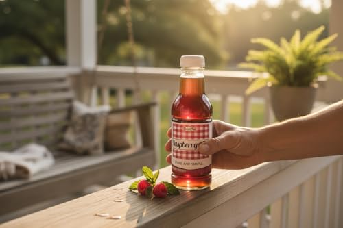 A hand holding a bottle of Southern Sweet Tea Co. Raspberry Iced Tea on a sunny porch railing with fresh raspberries.