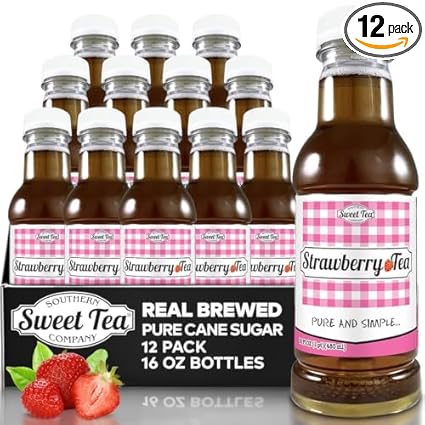 12-pack of Southern Sweet Tea Co. Strawberry Black Tea in 16oz bottles with pink gingham labels and real brewed tea logo.