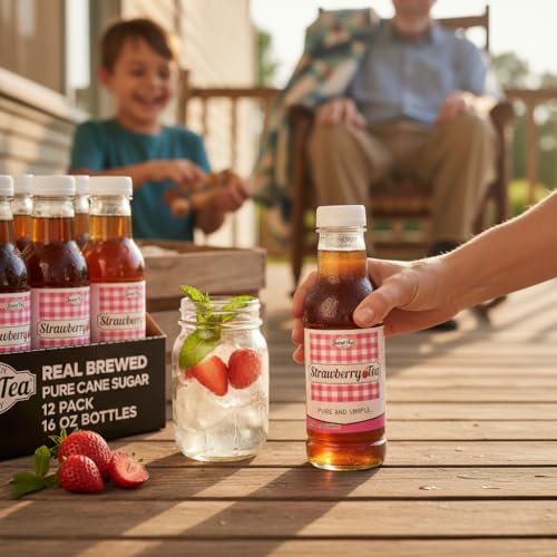 A hand holding a bottle of Southern Sweet Tea Co. Strawberry Black Tea on a porch with a 12-pack and iced mason jar.