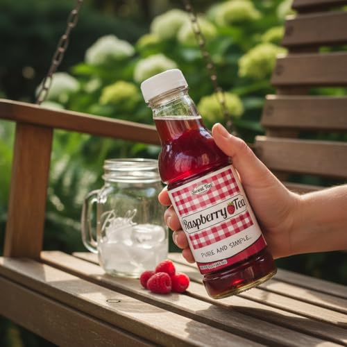 A hand holding Southern Sweet Tea Co. Raspberry Iced Tea by a porch swing with a mason jar of ice and fresh raspberries.