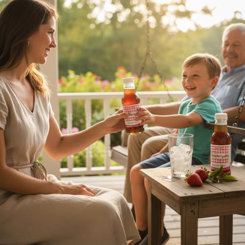 Woman handing a Southern Sweet Tea Co. Raspberry Iced Tea bottle to a smiling boy on a sunny porch with family.