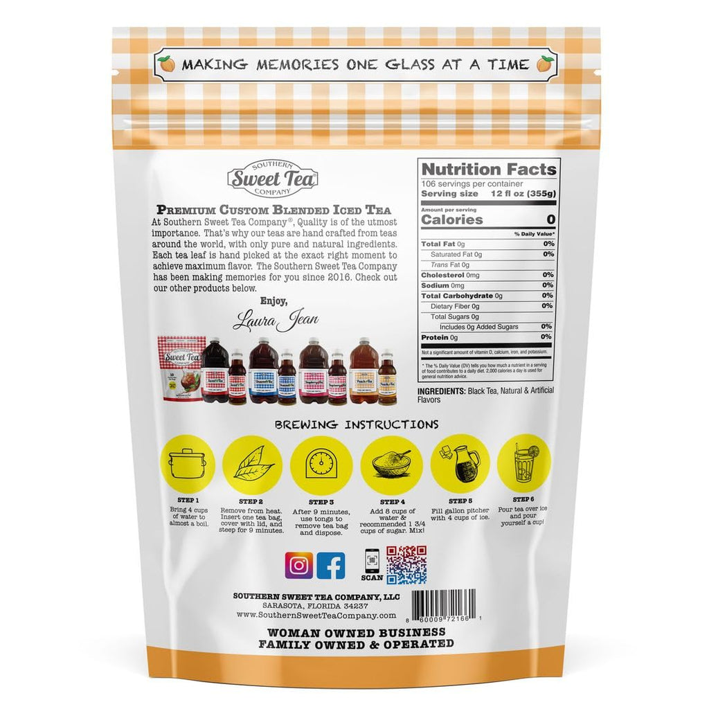Southern Sweet Tea Company Georgia Peach Iced Tea Bags - Unsweetened Black Tea, 10 Gallon Yield, 10 Count Family Size, for Front Porch Sittin Southern Sweet Tea Company