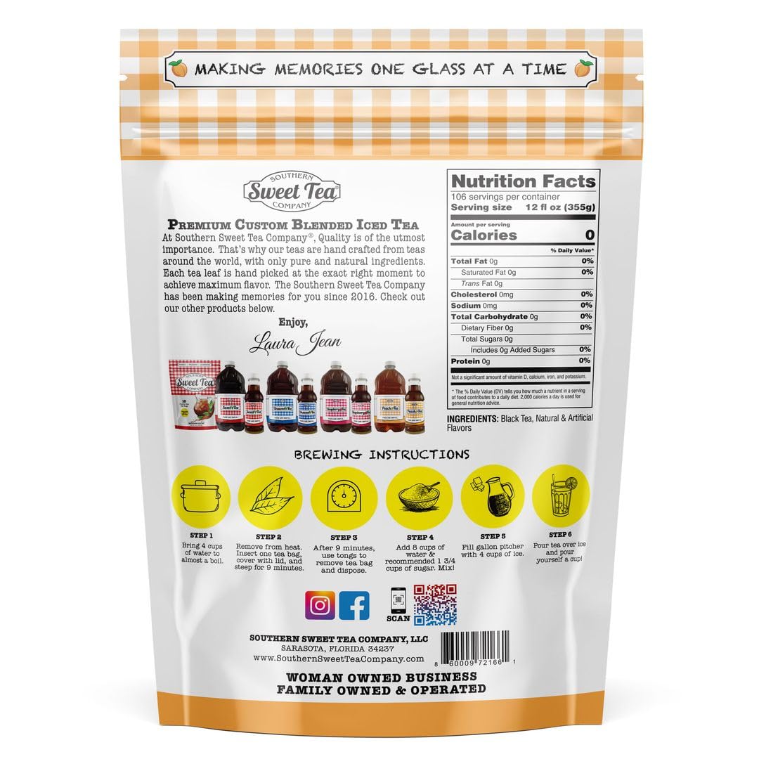 Southern Sweet Tea Company Georgia Peach Iced Tea Bags - Unsweetened Black Tea, 10 Gallon Yield, 10 Count Family Size, for Front Porch Sittin Southern Sweet Tea Company