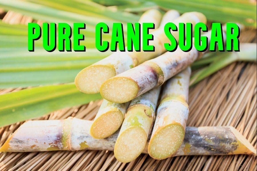 Natural cut sugar cane stalks on a woven mat with Pure Cane Sugar text, used in Southern Sweet Strawberry Black Tea.