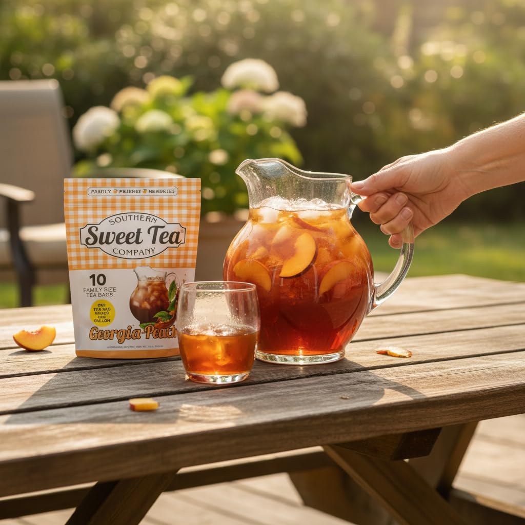 Southern Sweet Tea Company Georgia Peach Iced Tea Bags - Unsweetened Black Tea, 10 Gallon Yield, 10 Count Family Size, for Front Porch Sittin Southern Sweet Tea Company