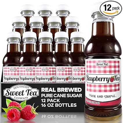 12-pack of Southern Sweet Tea Co. Raspberry Iced Tea 16oz bottles, real brewed with pure cane sugar.