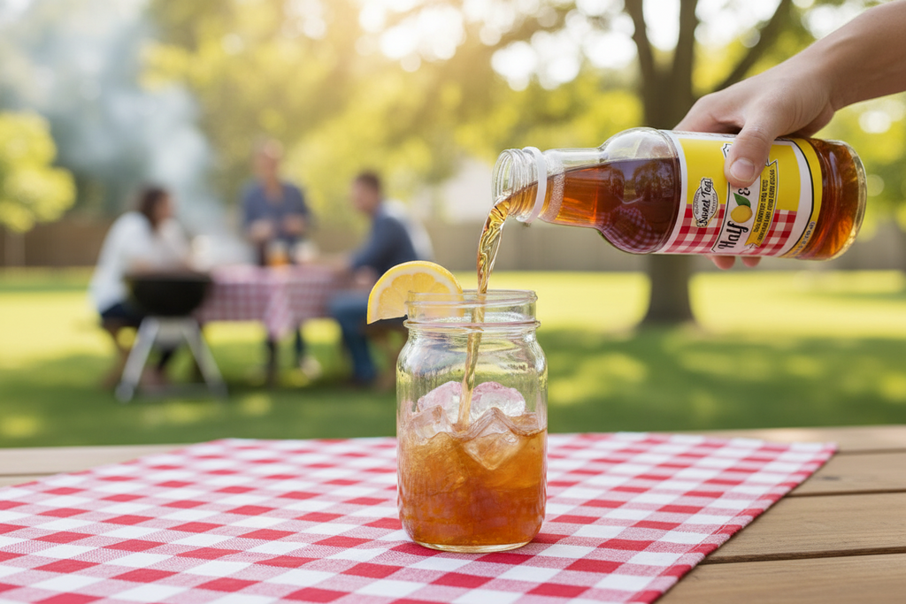 Half & Half being poured into mason jar at backyard BBQ