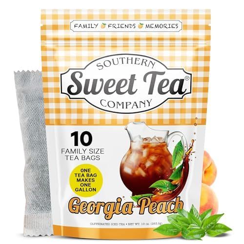 Southern Sweet Tea Co. Georgia Peach Iced Tea pouch with family-size tea bag, pitcher of iced tea, and fresh peaches.