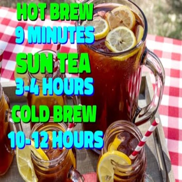 Pitcher of Georgia Peach Iced Tea with lemon slices on a picnic table, featuring brewing instructions for hot and cold brew.