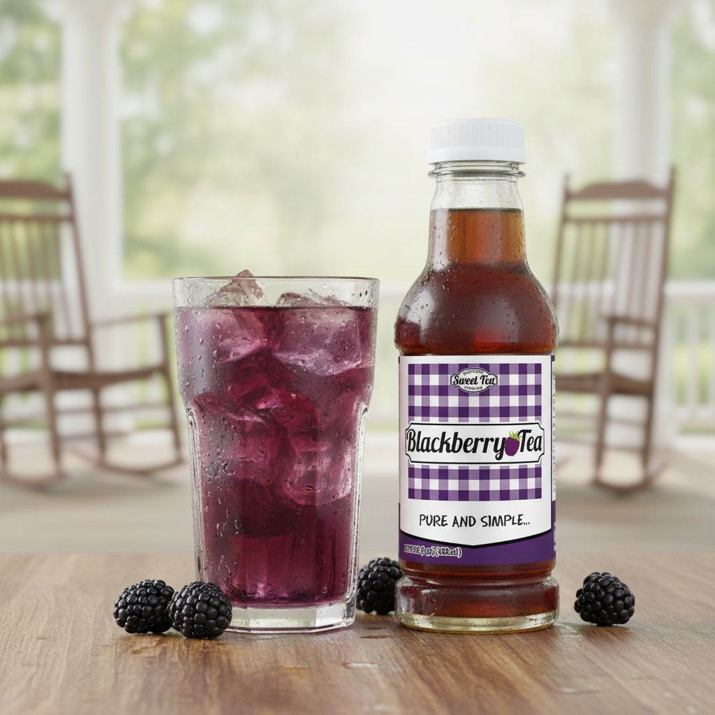 Southern Sweet Tea Company Blackberry Tea bottle next to a glass of iced tea