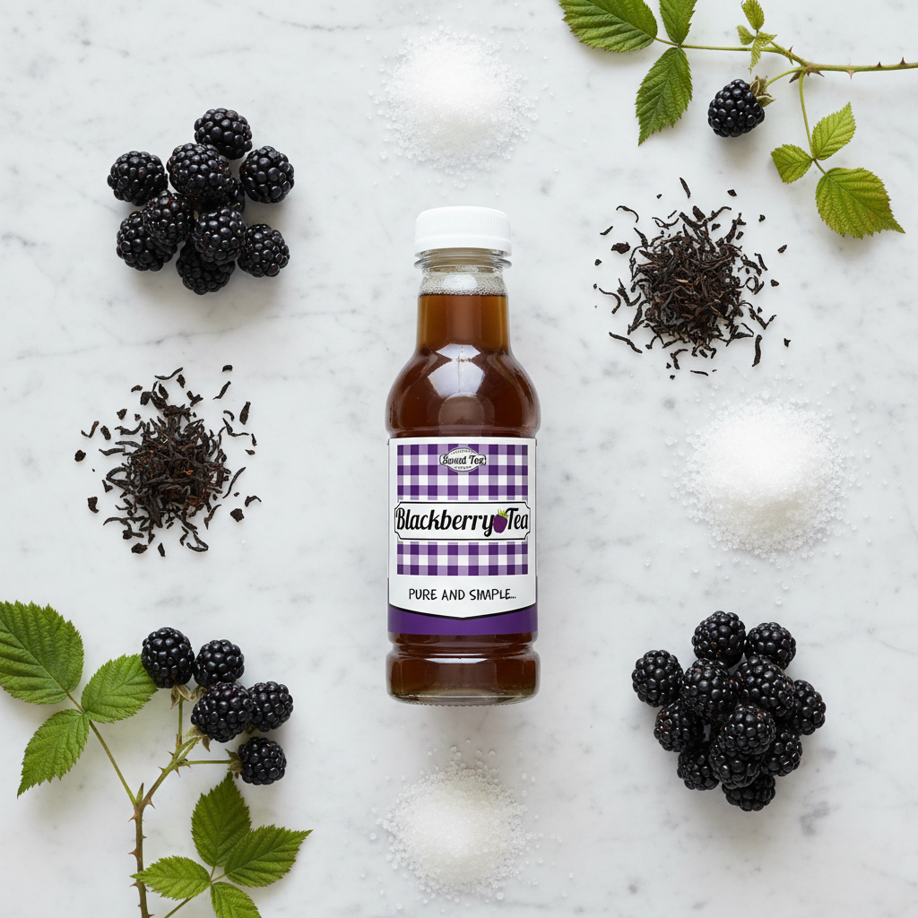 Flat lay of Blackberry Tea bottle with fresh blackberries and tea leaves on marble