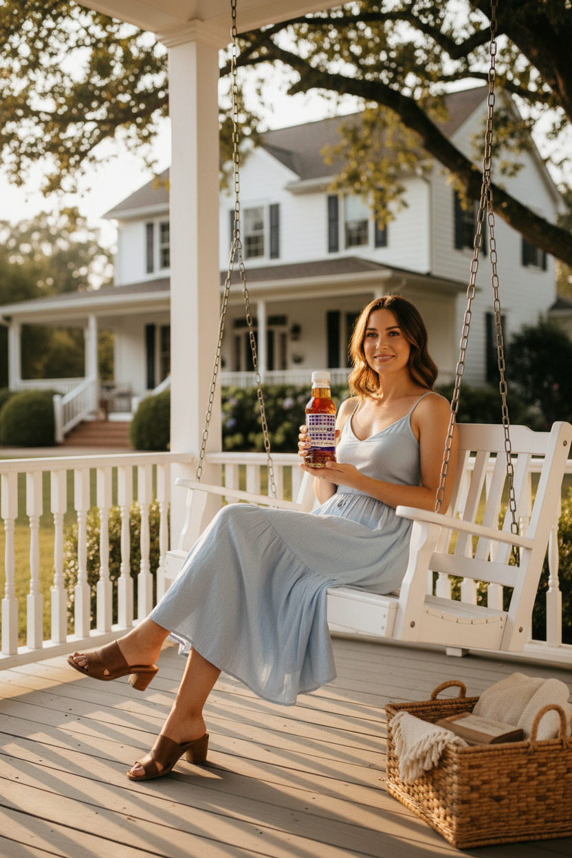 Woman relaxing on a Southern porch swing with a Blueberry Tea bottle