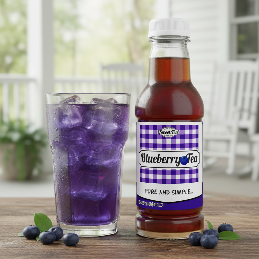 Southern Sweet Tea Company Blueberry Tea bottle next to a glass of iced tea