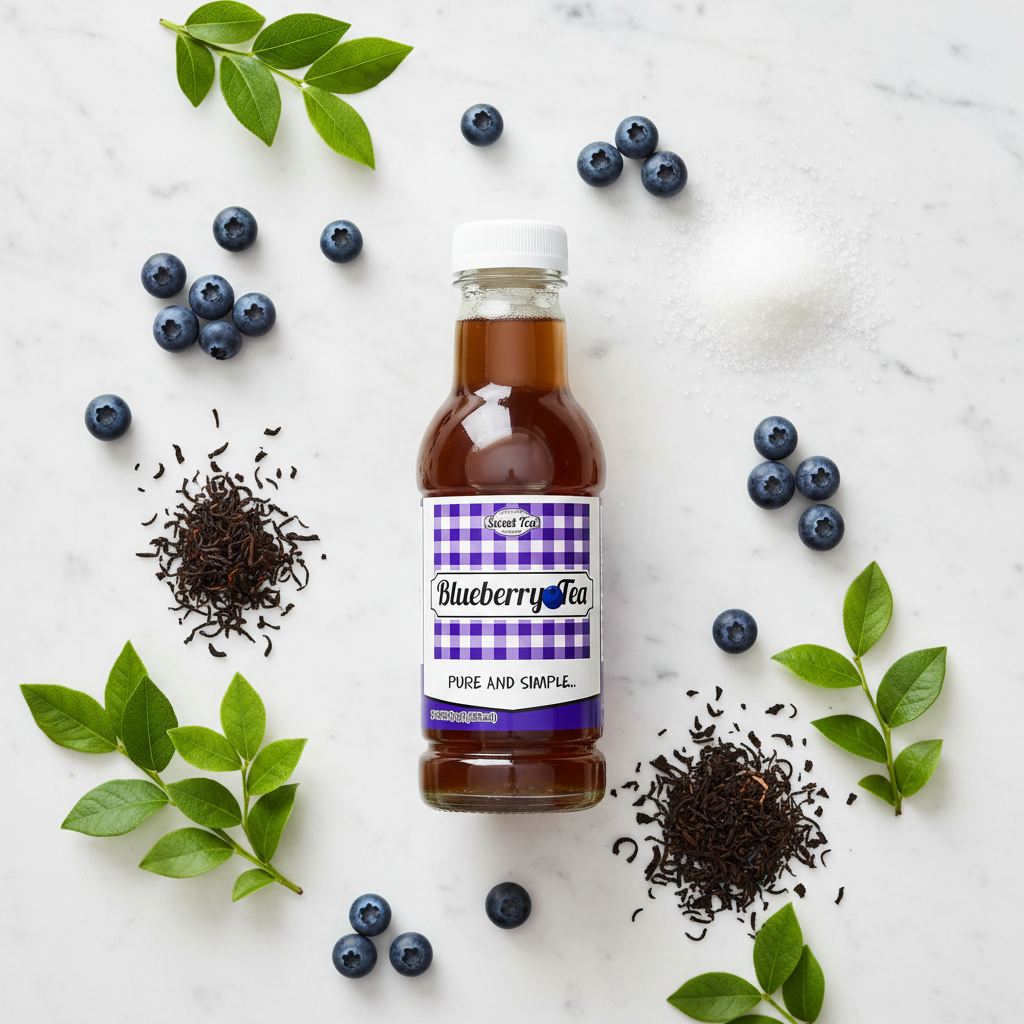 Flat lay of Blueberry Tea bottle with fresh blueberries and tea leaves on marble