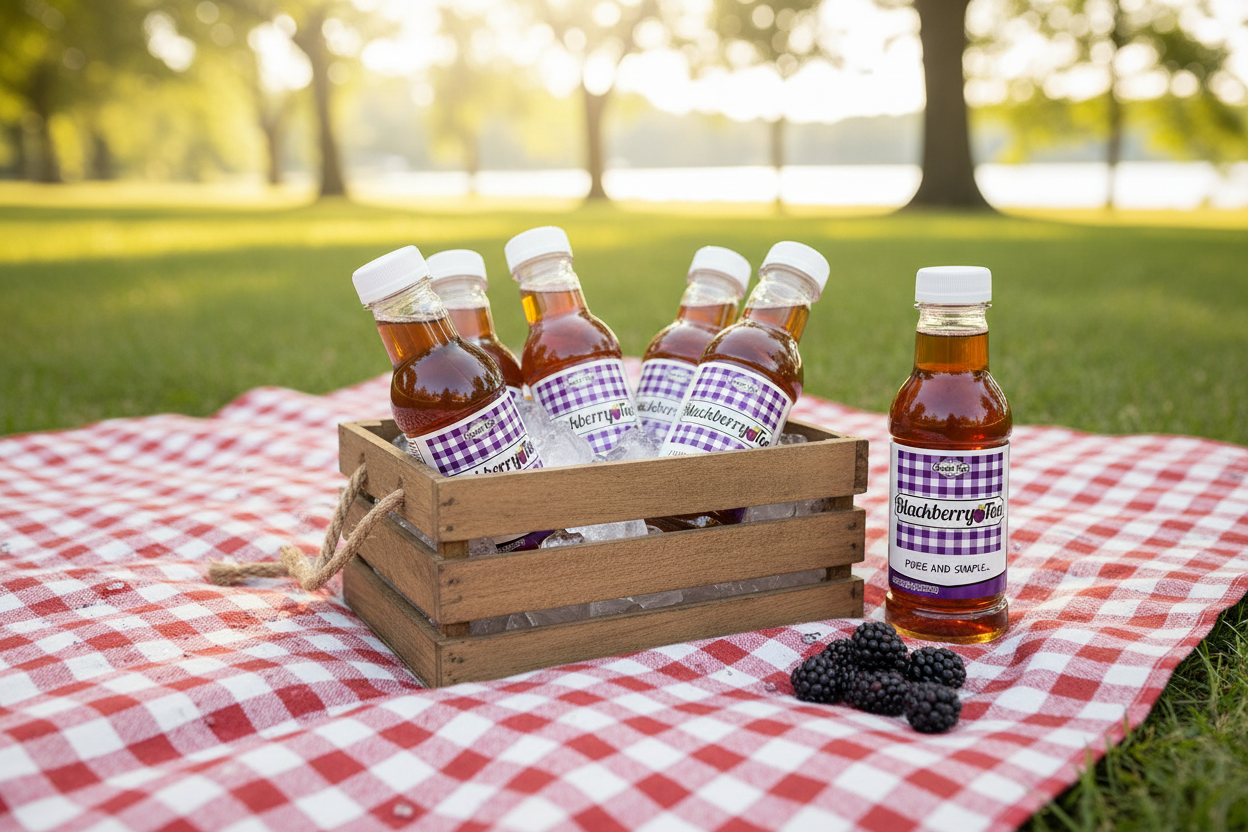 Southern Sweet Tea Company Blackberry Tea 12-pack at a summer picnic