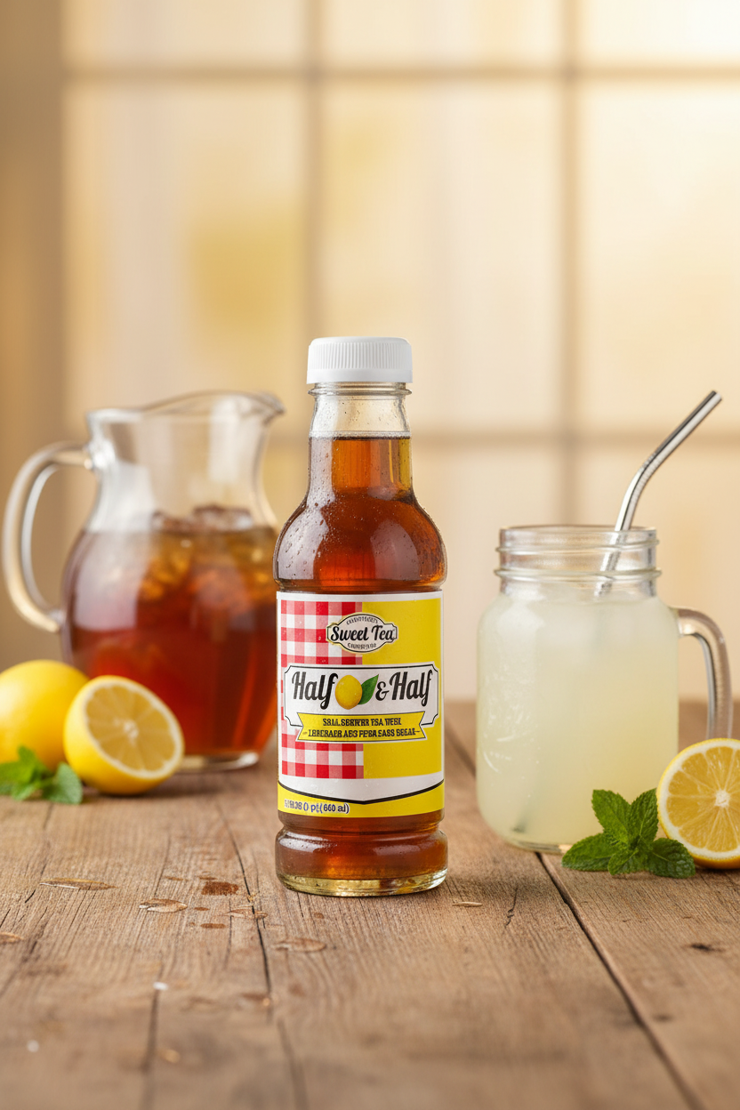 Half & Half bottle on rustic wood table with lemonade and tea pitcher